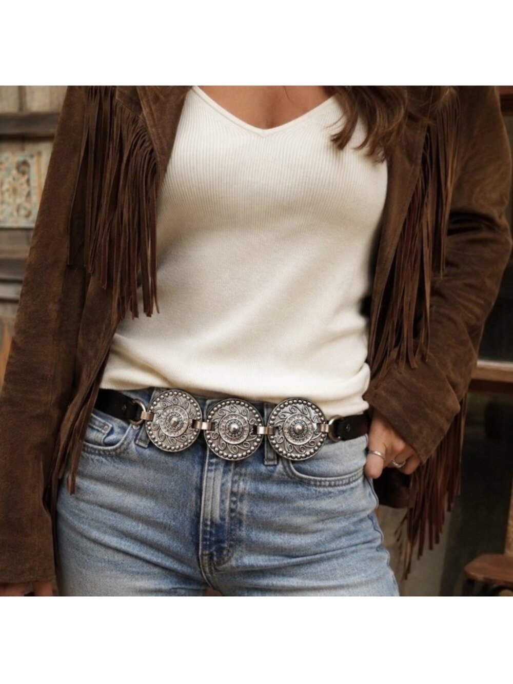 Chicos Silver Concho Leather Belt Rhinestone Western Boho Womens M/L Black Adjus